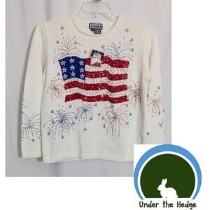 NWT Vtg Berek White American Flag Fireworks Sweater Small Patriotic Knit USA R1